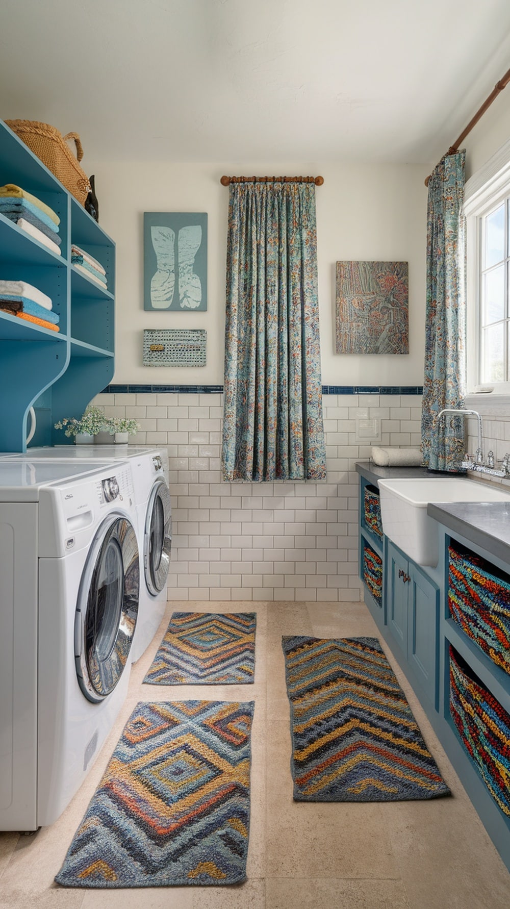 A stylish laundry room featuring slate blue shelves, patterned rugs, and floral curtains, creating a cohesive and inviting atmosphere.
