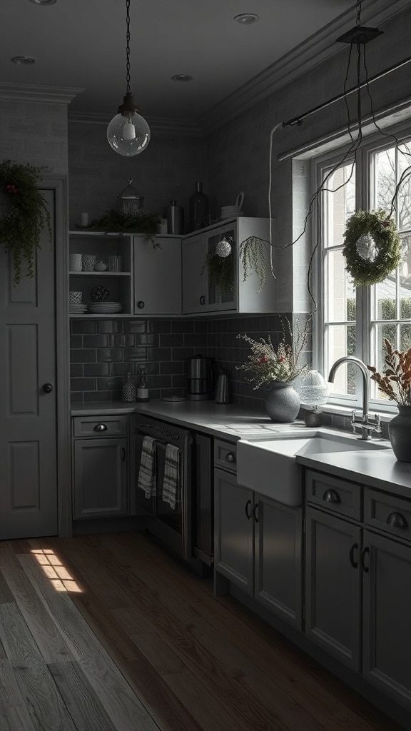A moody charcoal gray kitchen featuring seasonal decor with greenery and wreaths.
