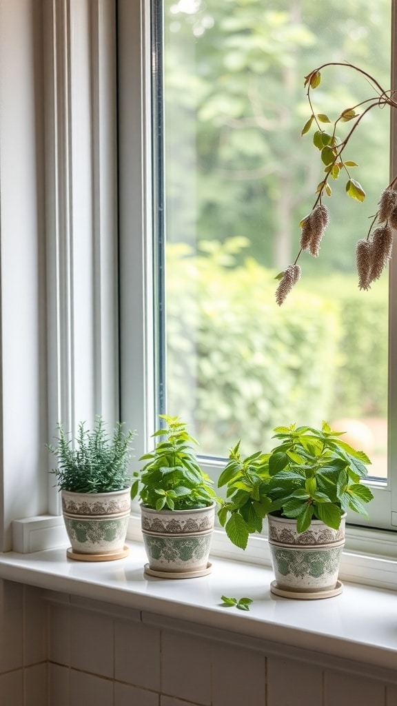 Three pots of herbs on a kitchen windowsill, including rosemary and mint, with a green garden view outside.