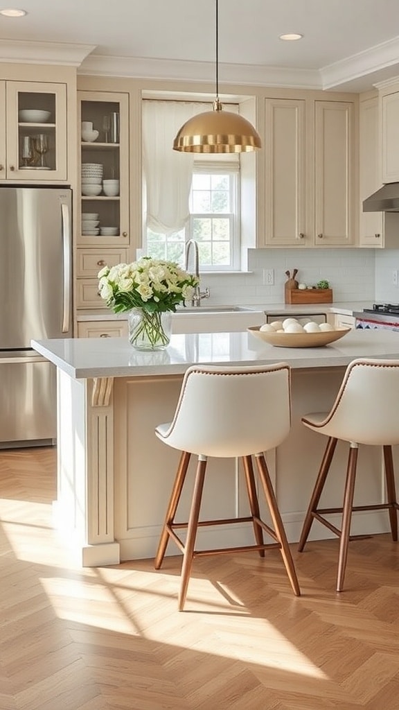 Stylish cream fabric bar stools in a serene cream kitchen setting