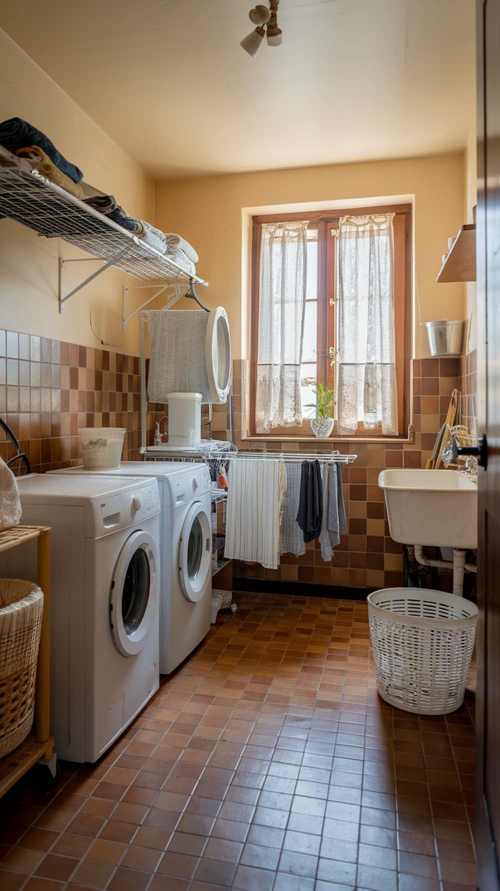A cozy laundry room with ceramic ochre tiles, featuring washing machines, a drying rack, and natural light from a window.
