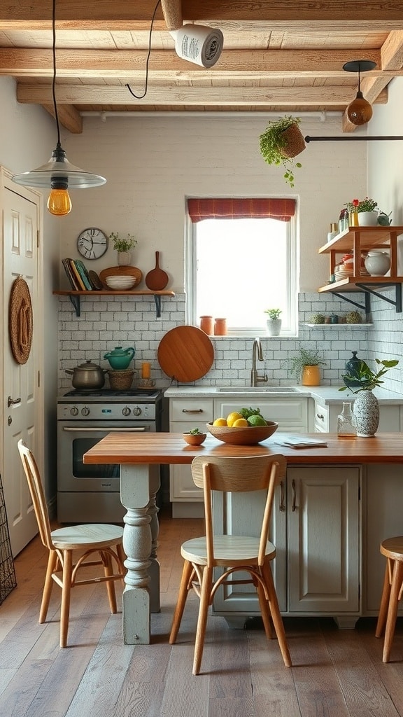A cozy kitchen with upcycled wooden furniture, featuring a table and chairs, natural materials, and plants.