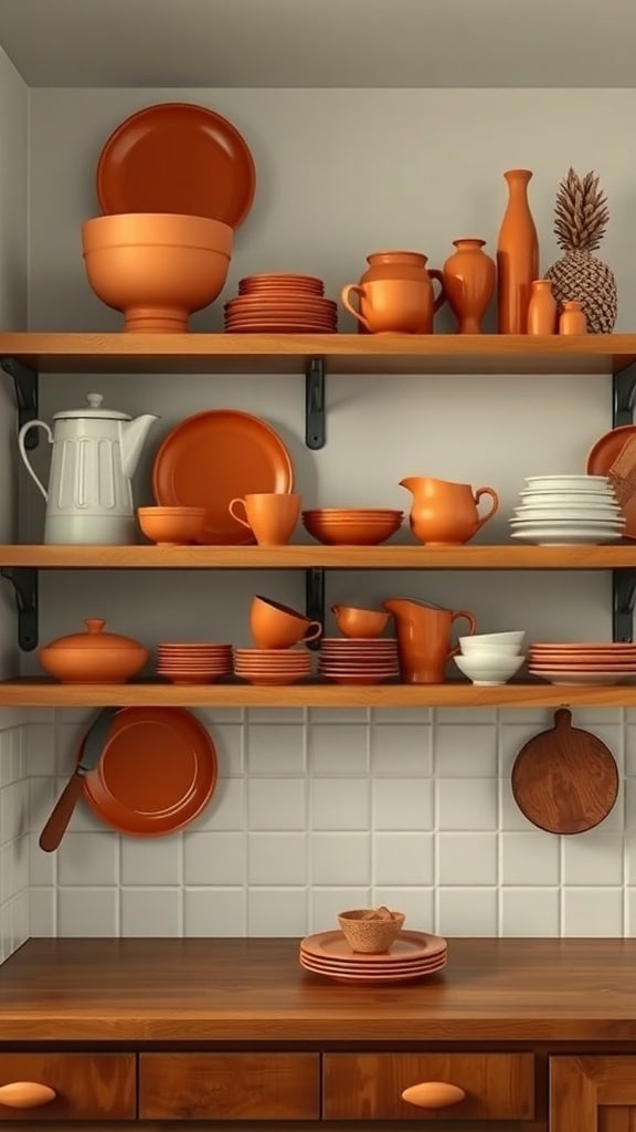 Open shelving displaying burnt sienna dishware in a kitchen