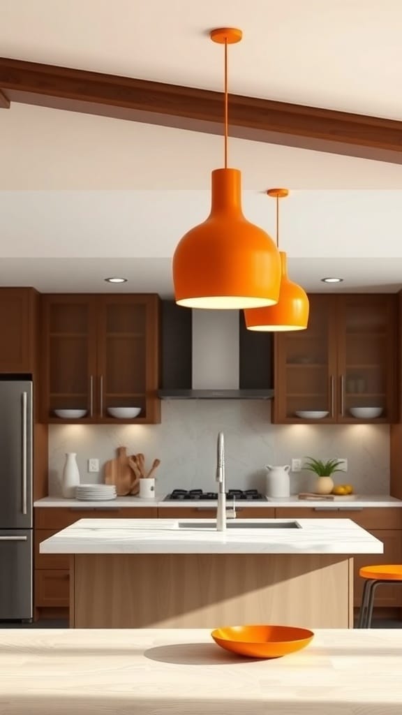 Two orange pendant lights hanging over a kitchen island with a modern design.