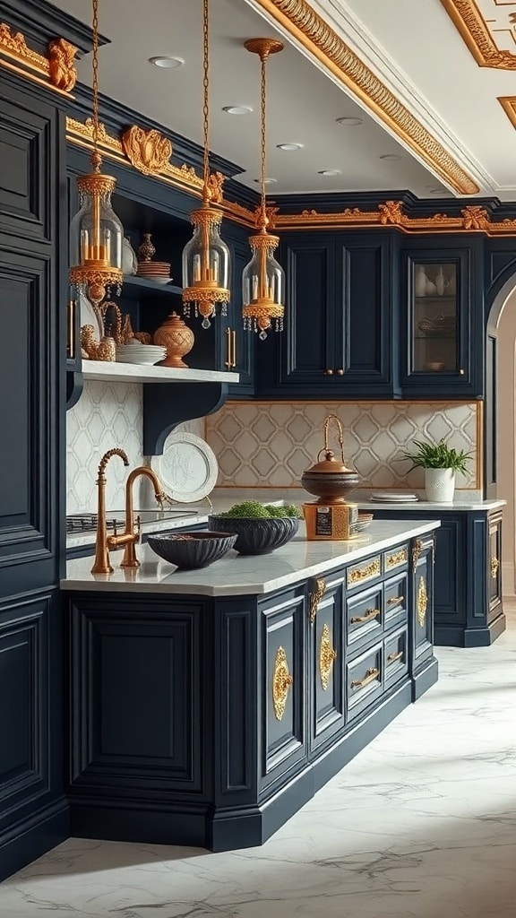 A luxurious navy blue kitchen with gold accents, featuring elegant cabinetry and stylish pendant lighting.