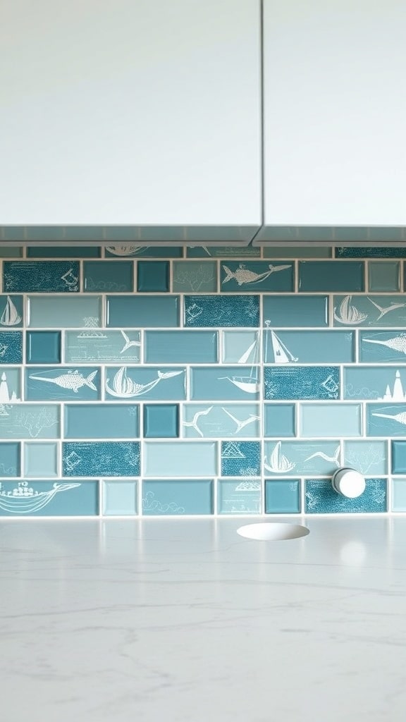 A coastal teal backsplash with nautical illustrations in a kitchen