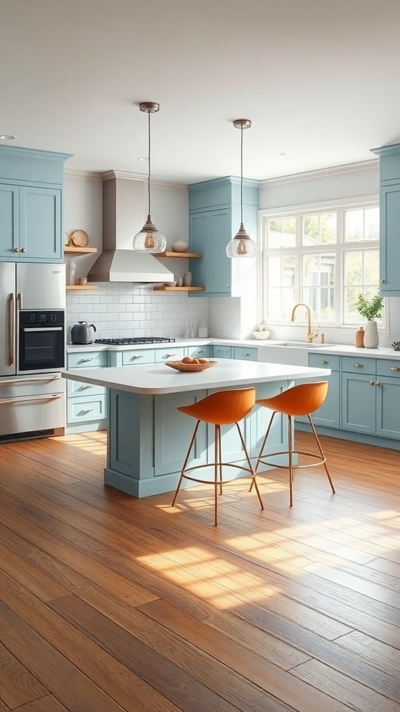 A light blue kitchen island with orange bar stools, featuring a modern design and natural light.