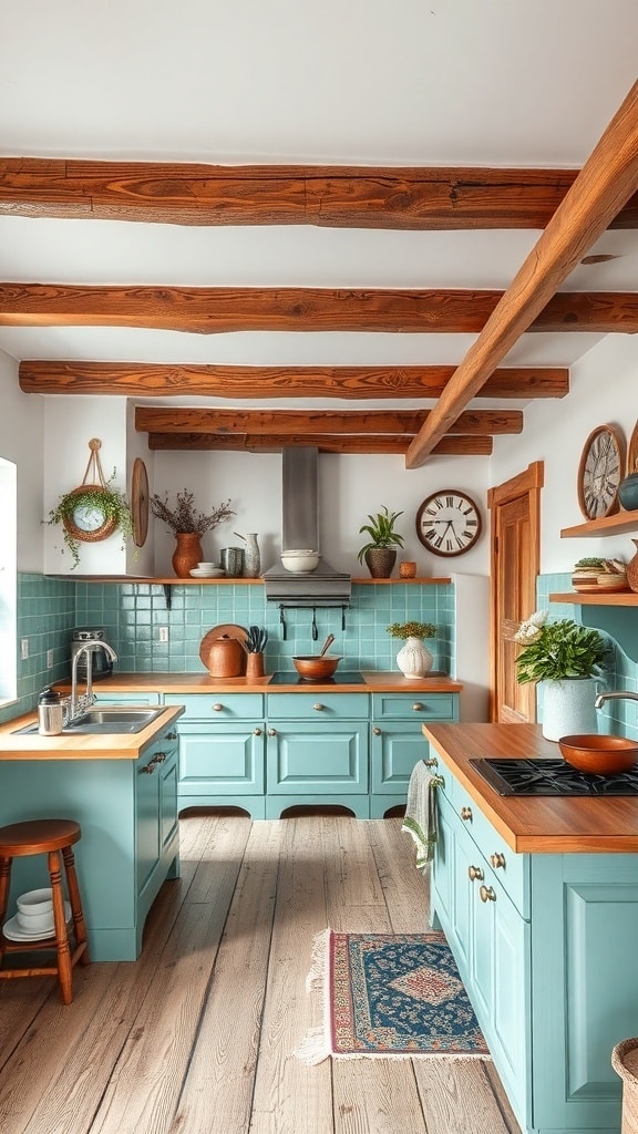 A rustic kitchen featuring teal cabinets, wooden beams, and white walls.