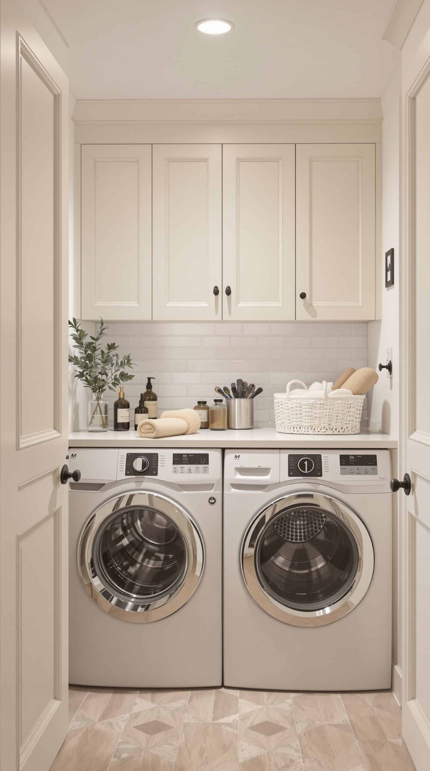 A stylish open concept laundry room featuring cream cabinetry, modern washing machines, and organized decor.