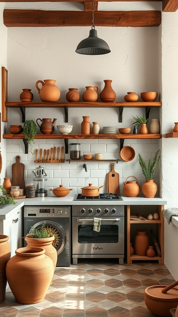 A cozy kitchen featuring terracotta pottery on wooden shelves, showcasing various shapes and textures.