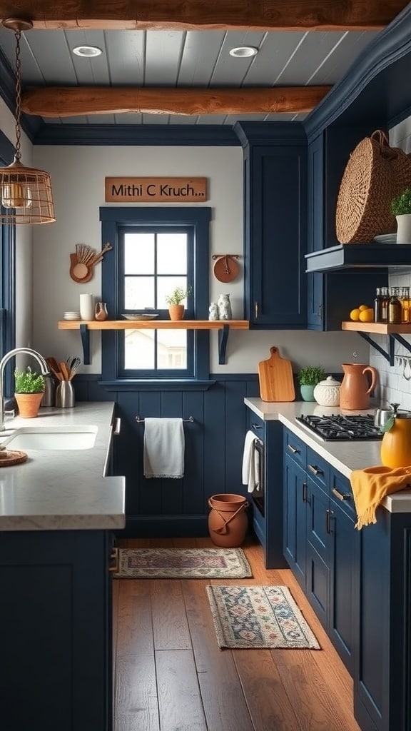 A cozy farmhouse kitchen featuring navy blue cabinetry, wooden beams, and warm decor.