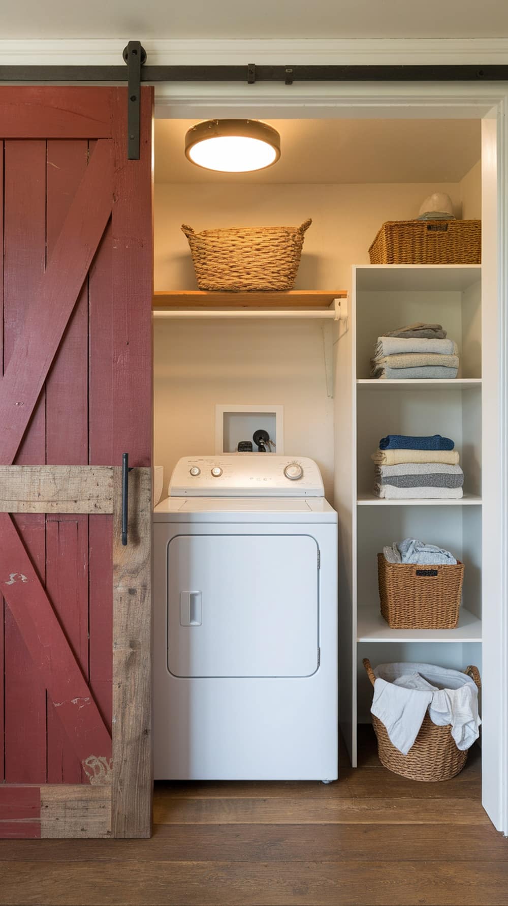 A rustic red barn door leading to a tidy laundry room with a washer and organized shelves.