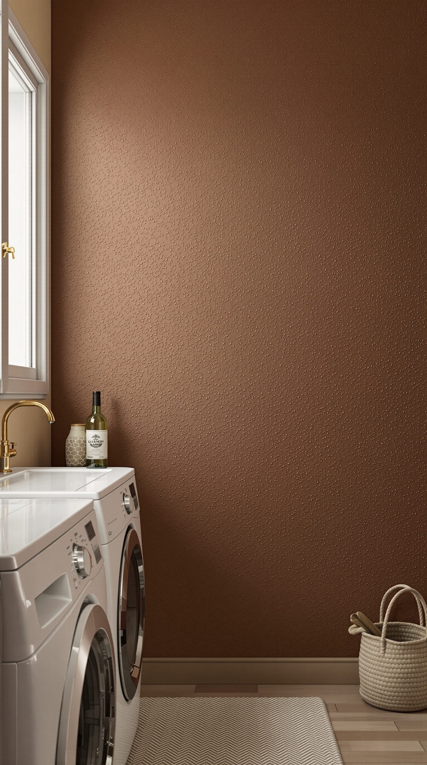 Laundry room with textured brown wall and white appliances