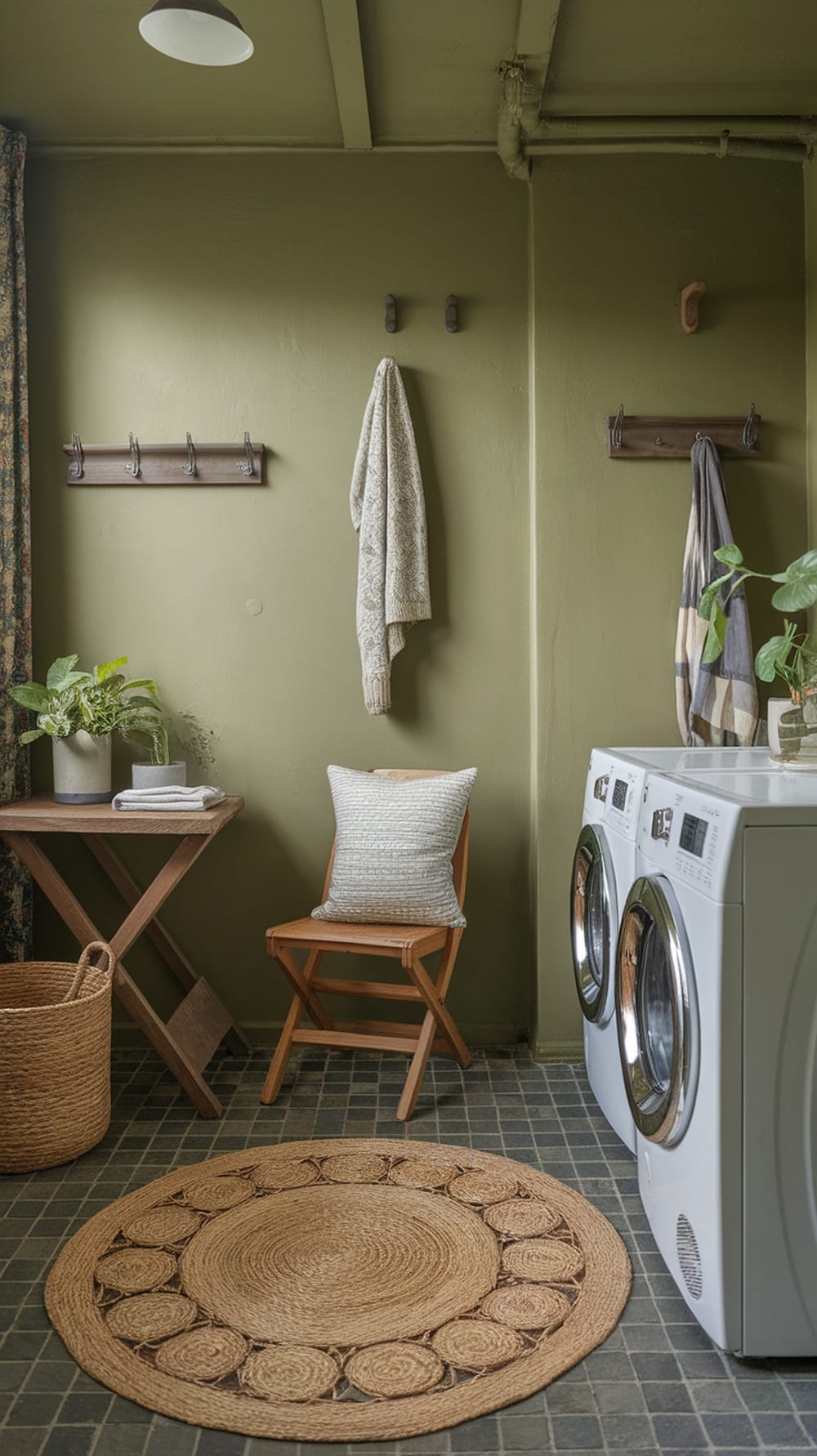 A cozy laundry room featuring a natural fiber rug, olive green walls, and a wooden chair.