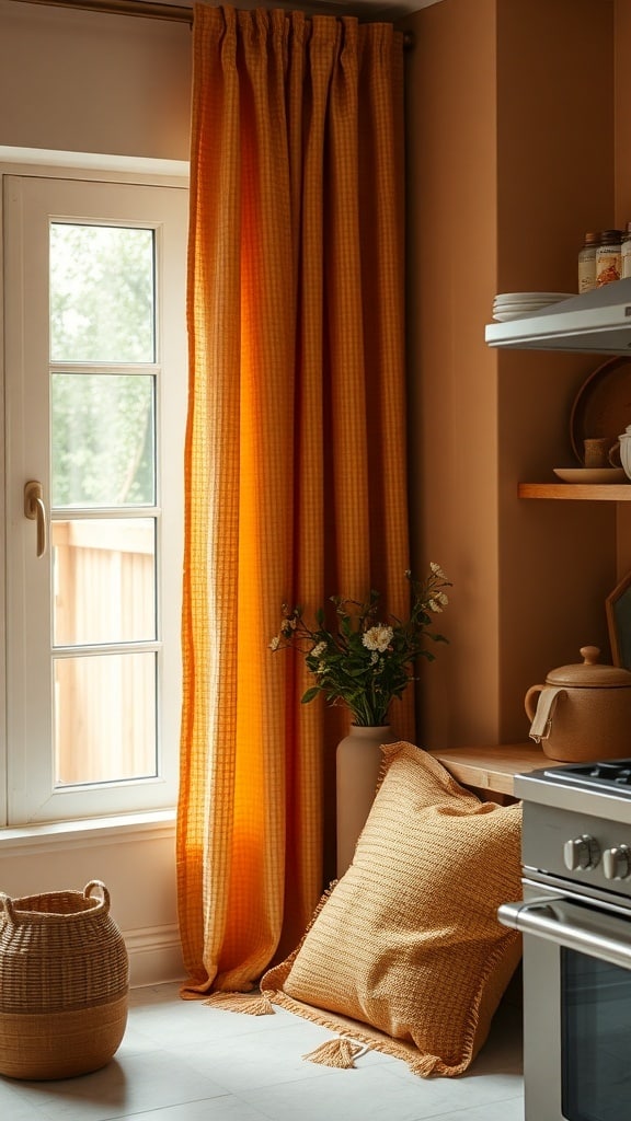 A kitchen featuring textured ochre curtains and a matching throw pillow, creating a warm and inviting atmosphere.