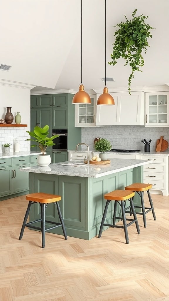 A cozy kitchen featuring a sage green island with wooden stools and hanging pendant lights.