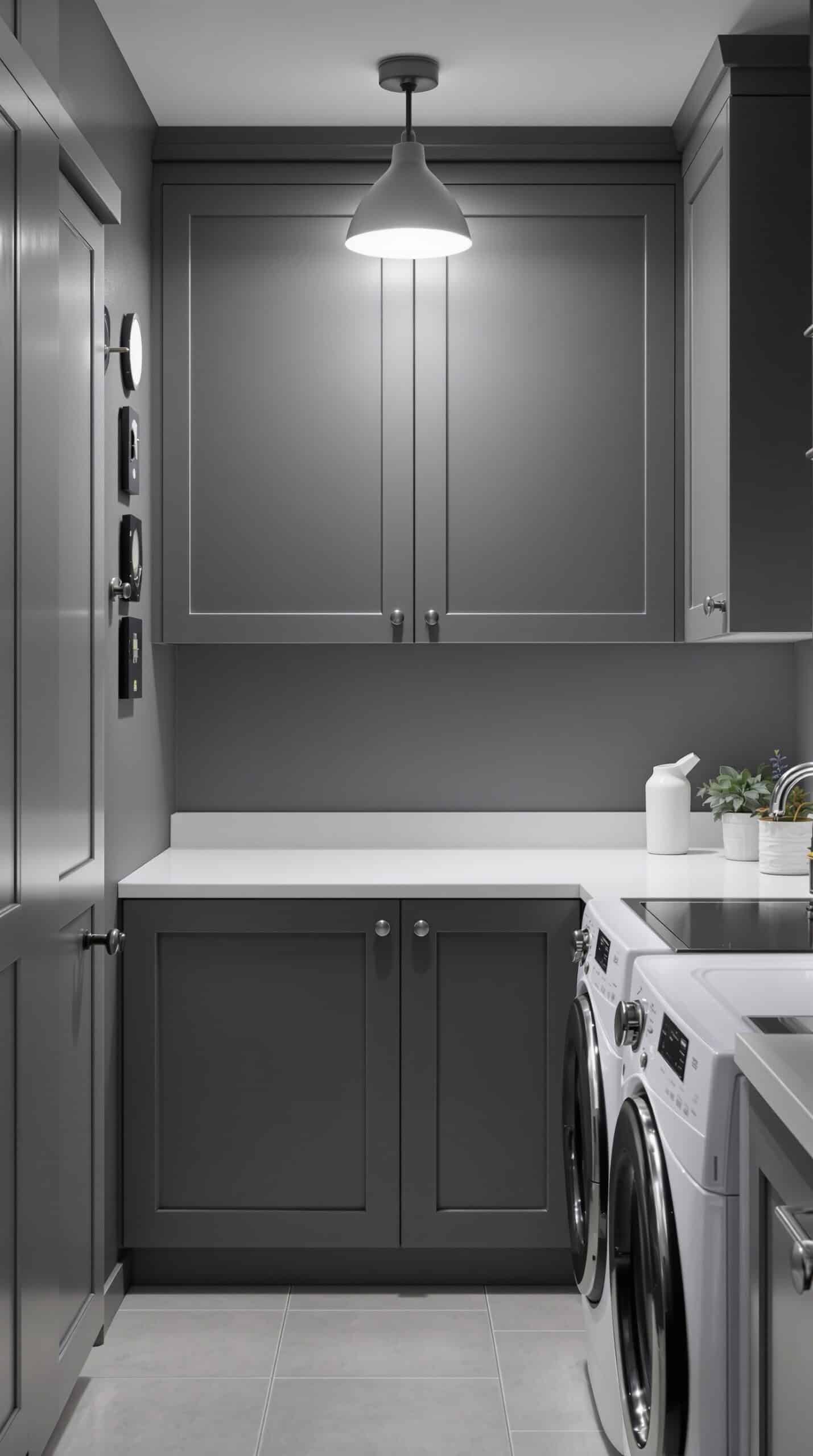 A modern gray laundry room with bright pendant lighting and sleek cabinetry.