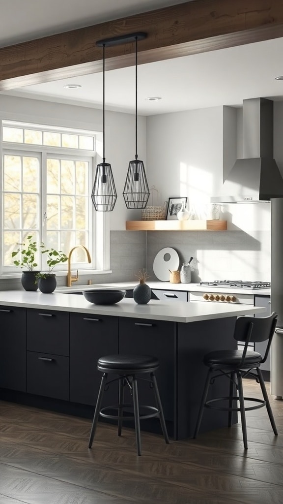 A modern kitchen featuring charcoal gray cabinetry, bright countertops, and natural light from a large window.