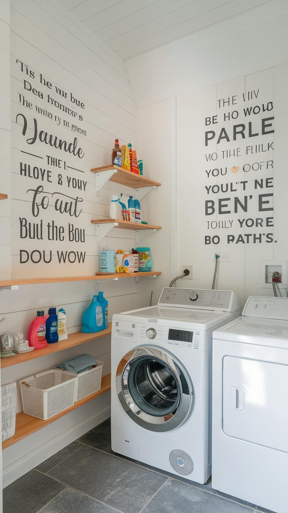A clean white laundry room featuring inspirational quotes on the walls and organized shelves with laundry supplies.