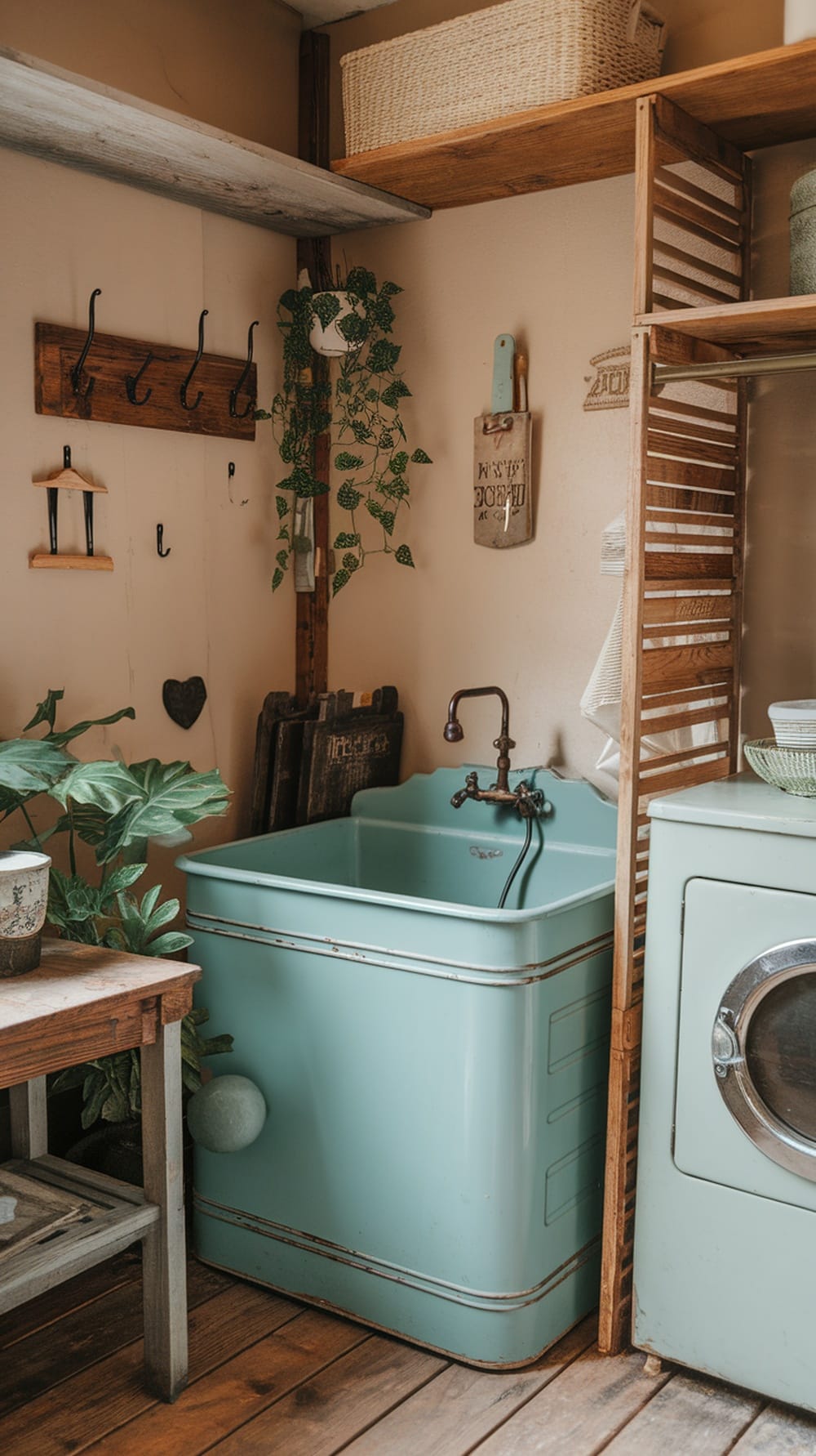 Vintage teal wash basin in a cozy laundry room setting