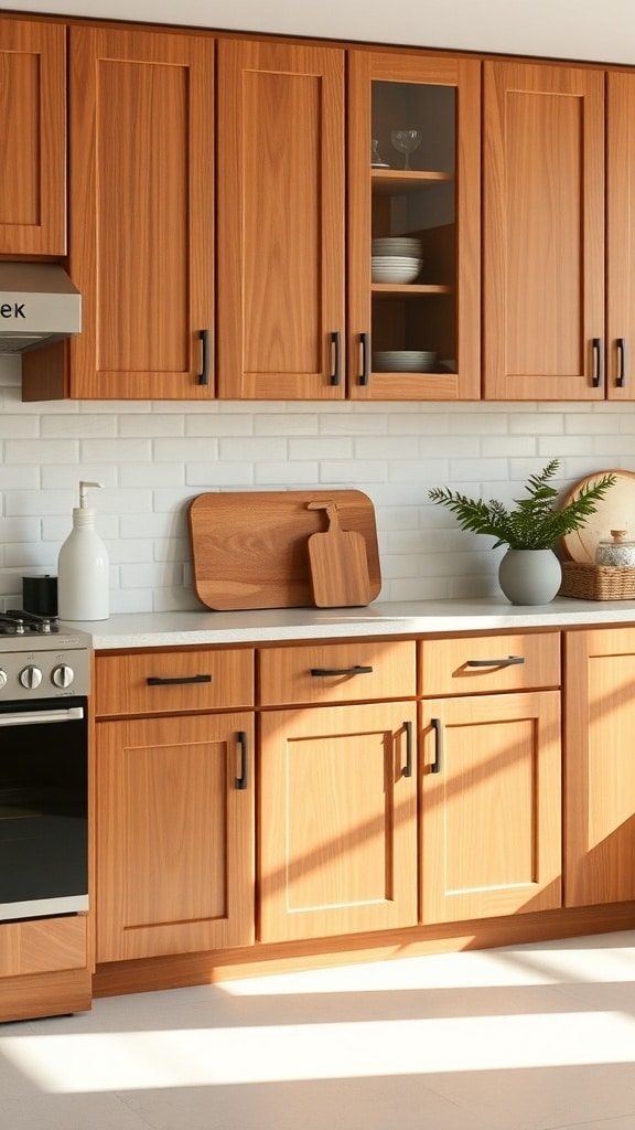 A kitchen featuring warm wood cabinets with a caramel finish and a white backsplash.