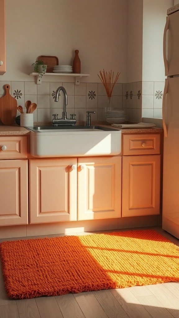 A bright orange rug in a kitchen with peach cabinets and light wood flooring