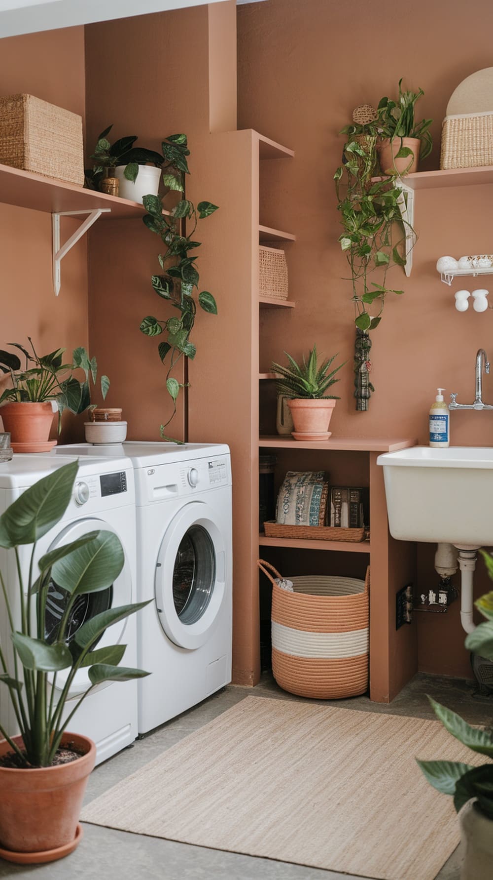 A cozy laundry room with earthy ochre yellow walls, featuring various plants on shelves and around the washing machine.