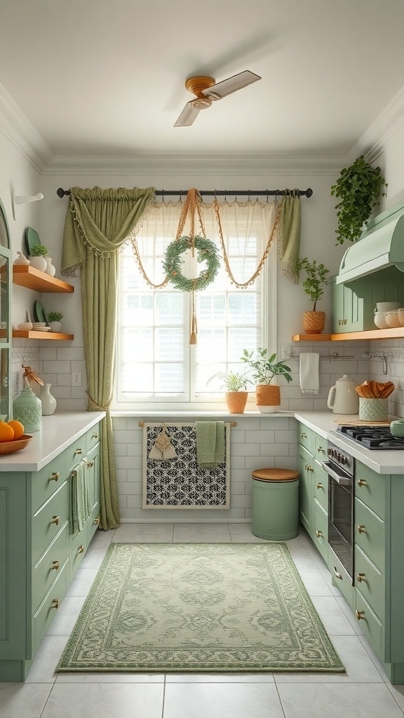 Cozy kitchen featuring sage green cabinetry, white countertops, and natural wood accents.