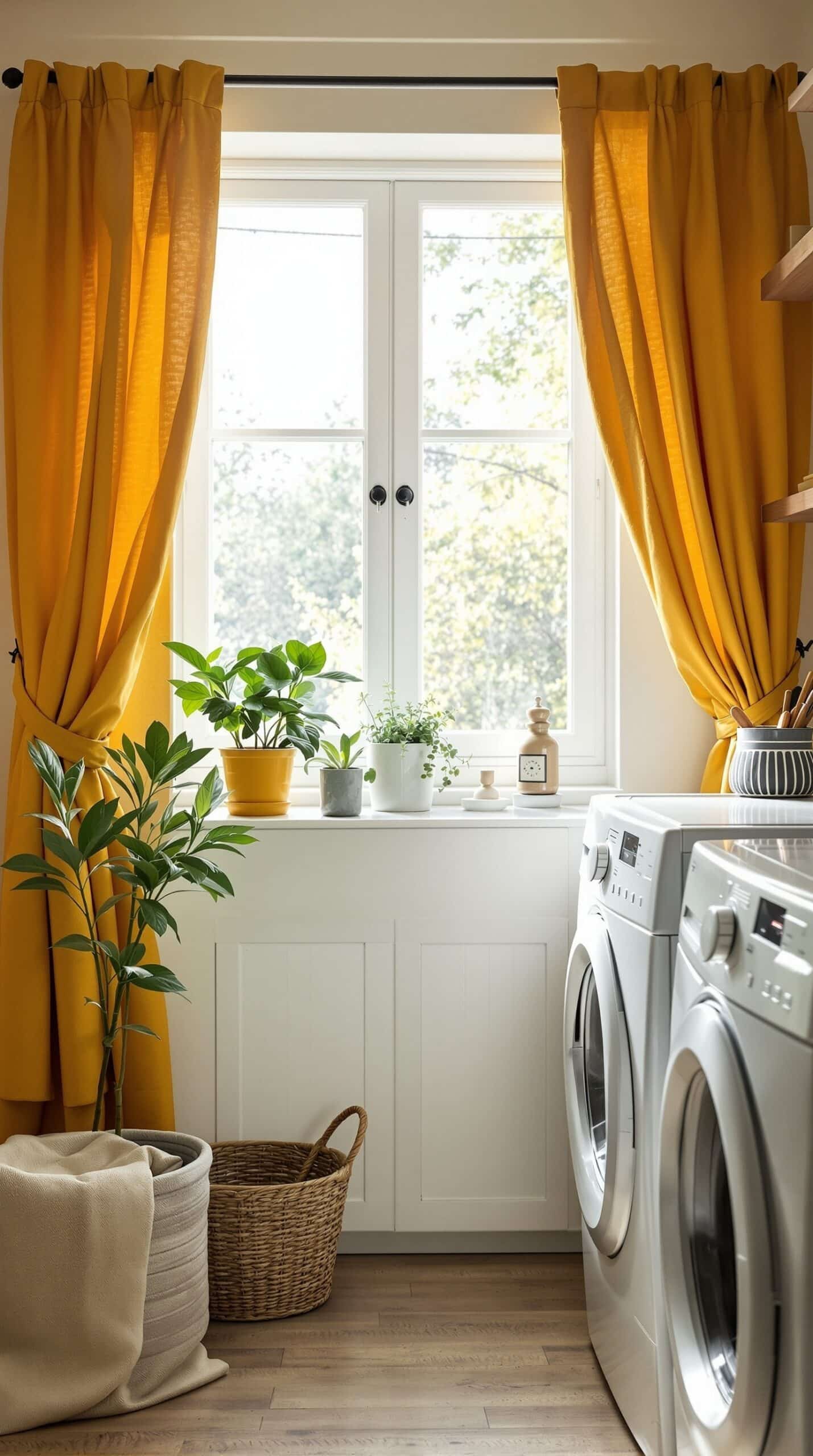 Laundry room with mustard yellow curtains, plants on the windowsill, and modern appliances.