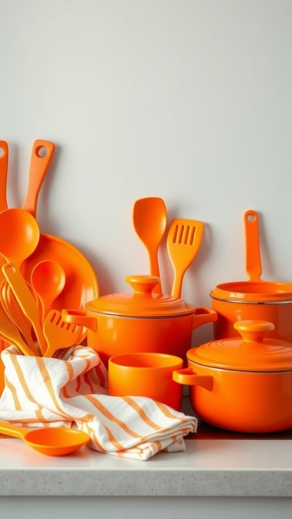 A collection of cheerful orange kitchen accessories including pots, pans, and utensils on a countertop.