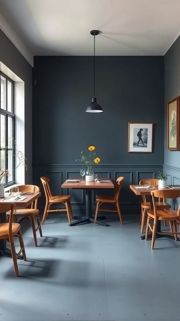 A rustic dining area with slate blue walls, wooden furniture, and simple decor.