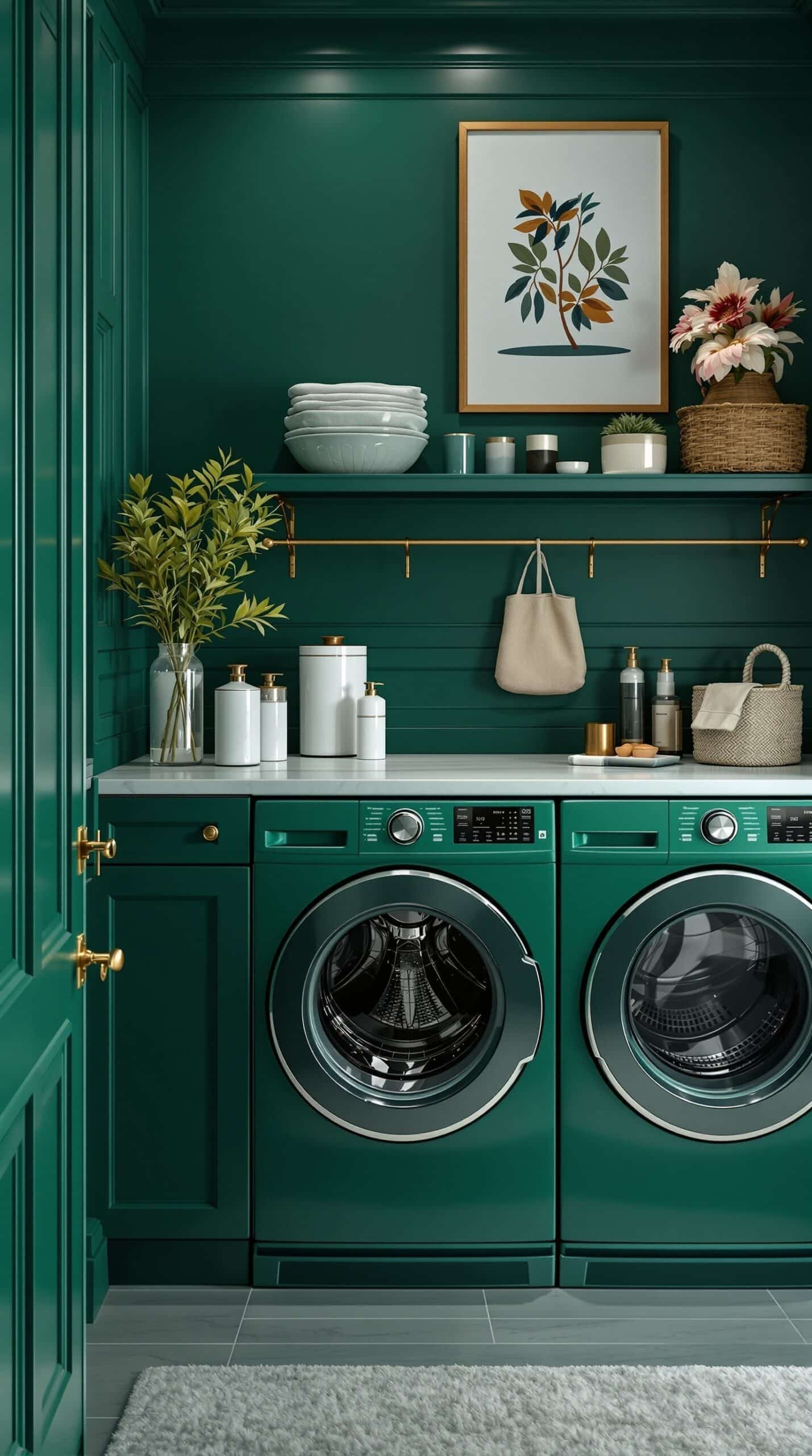 A luxurious emerald green laundry room featuring stylish accessories and organized decor.