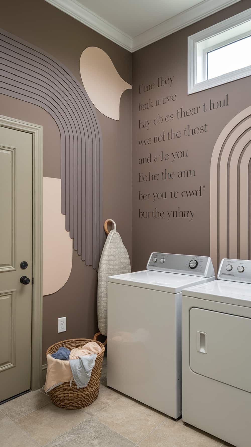 Decorative taupe wall art in a modern laundry room with abstract shapes and soft tones.