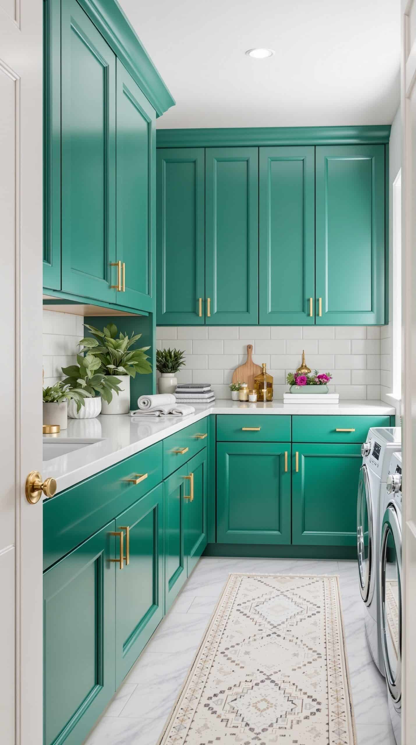 Emerald green cabinets in a stylish laundry room with gold hardware and potted plants.