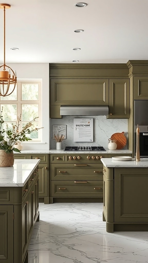 Modern kitchen featuring olive green cabinets and marble countertops