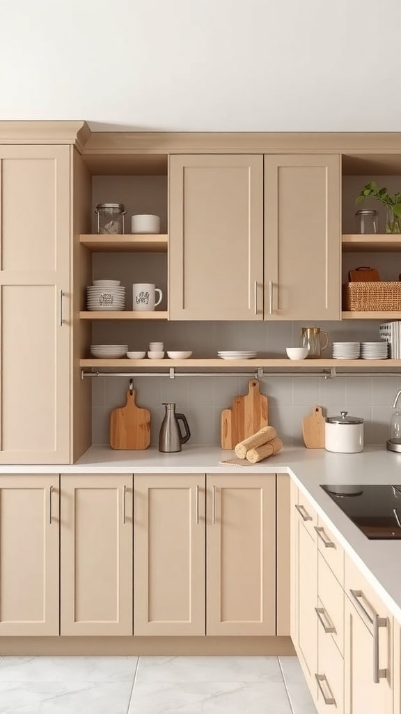 A taupe kitchen with open shelving and closed cabinets, showcasing organized storage solutions.