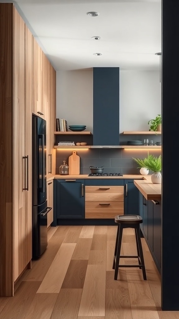 A modern kitchen featuring indigo cabinetry and natural wood accents.