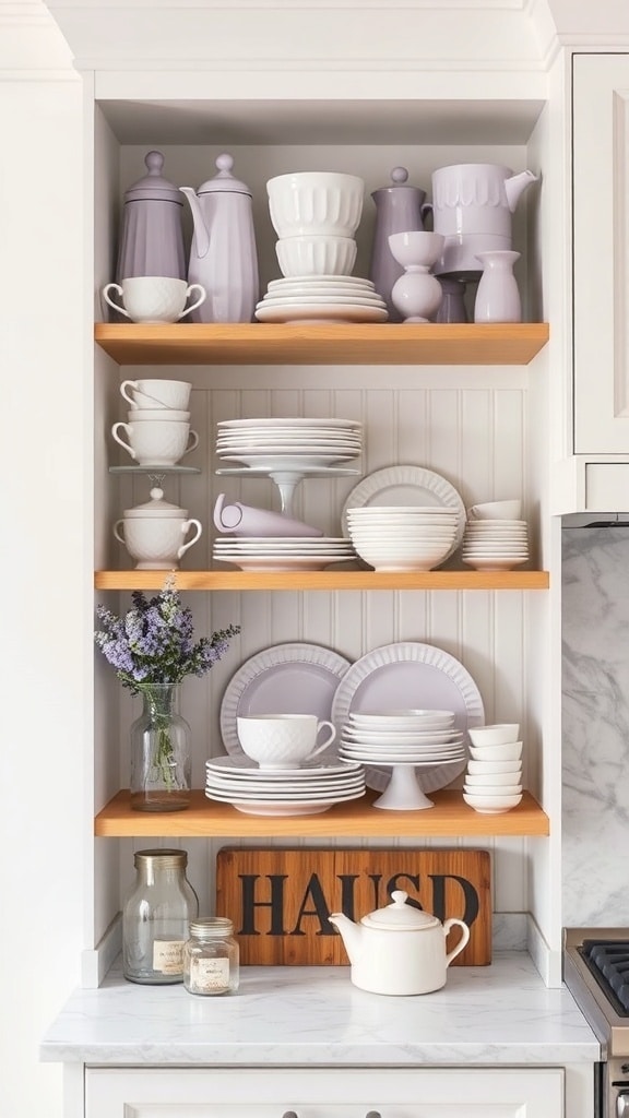 Open shelving in a kitchen featuring lavender dishes, white plates, and a vase of flowers.