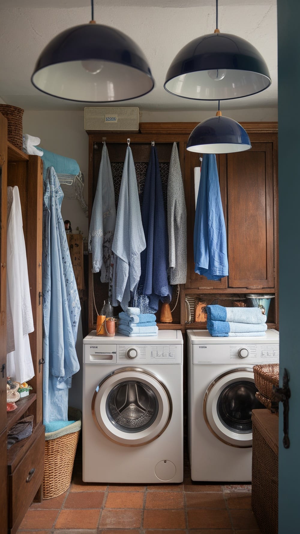 Navy blue pendant lights hanging above a laundry room with white washing machines and wooden cabinets.