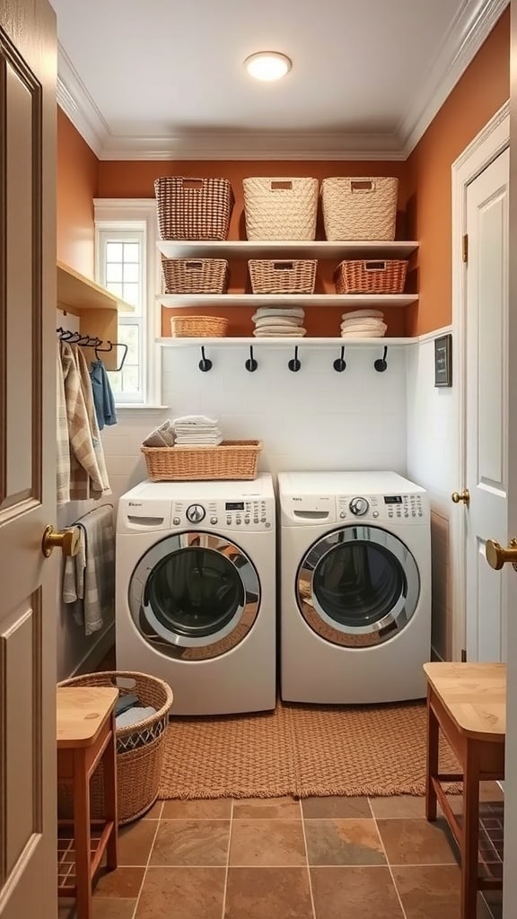 A warm burnt sienna laundry room with modern washing machines, open shelving with baskets, and hooks for towels.