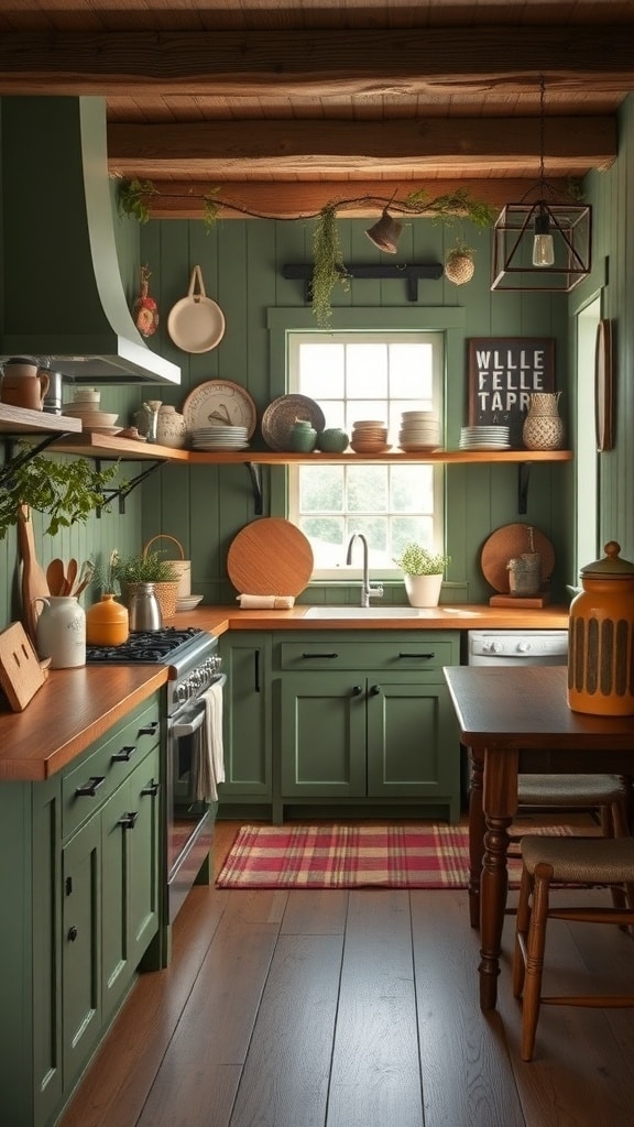 A rustic olive green kitchen featuring wooden accents, open shelving, and a cozy atmosphere.