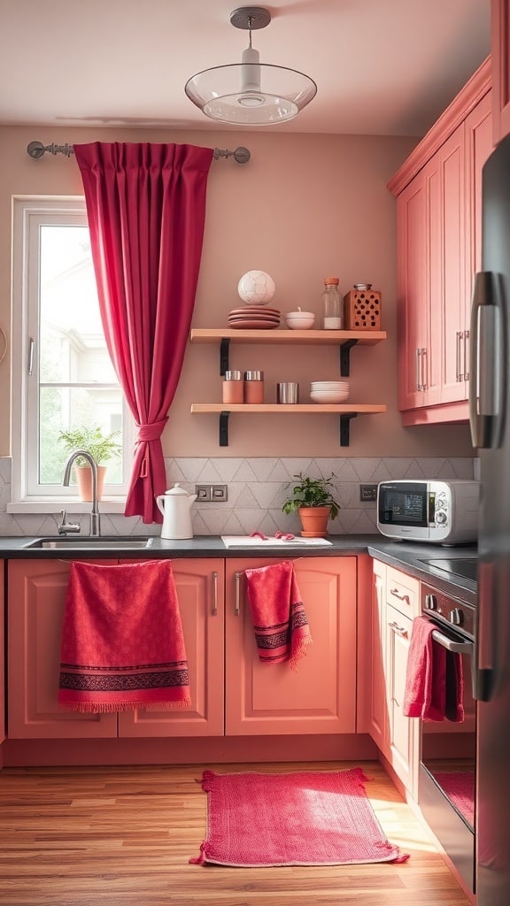 A kitchen featuring dark pink curtains, towels, and a matching rug, creating a warm and inviting atmosphere.