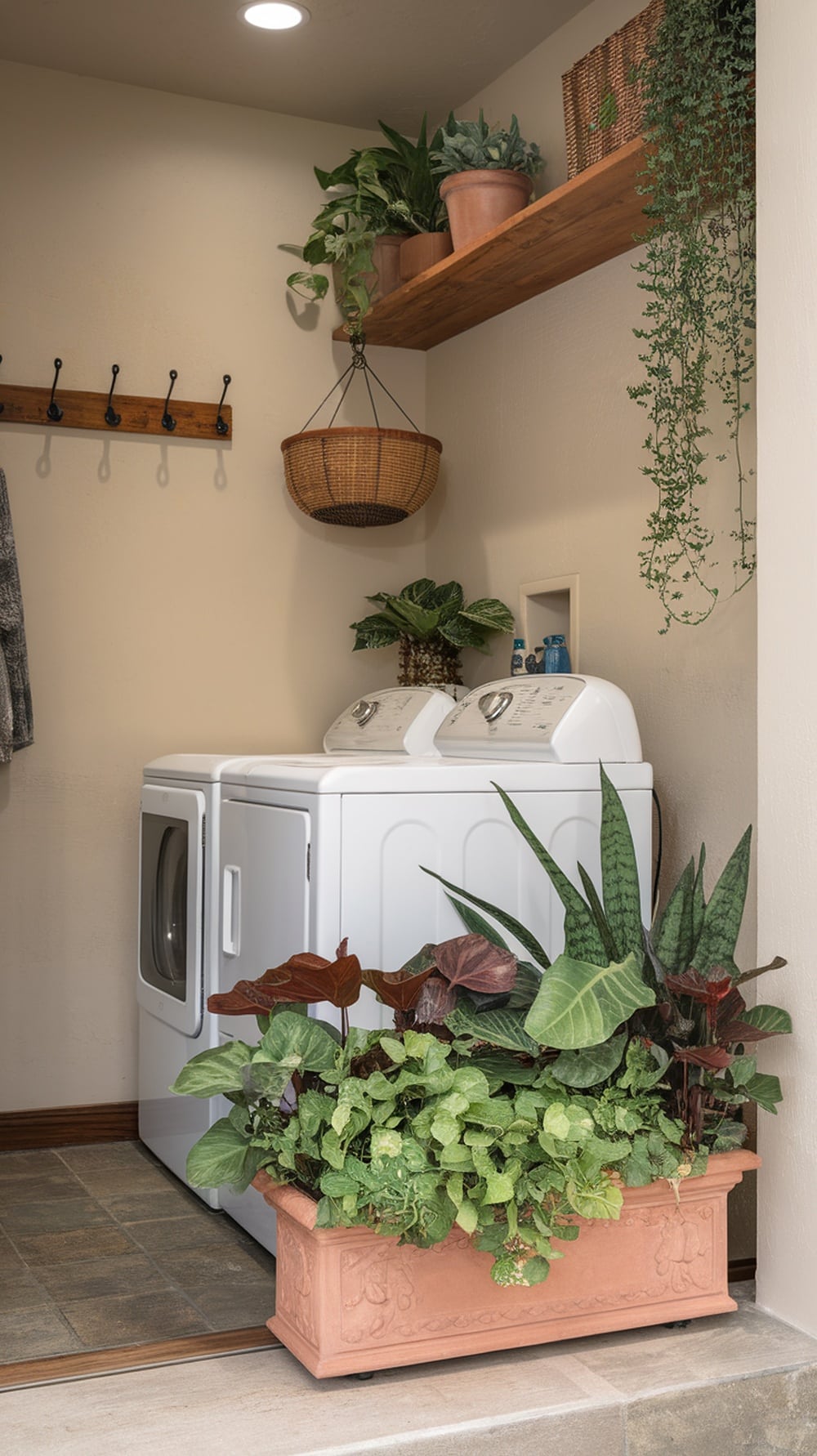 A cozy laundry room featuring terracotta planters filled with greenery, enhancing the space's warmth and charm.