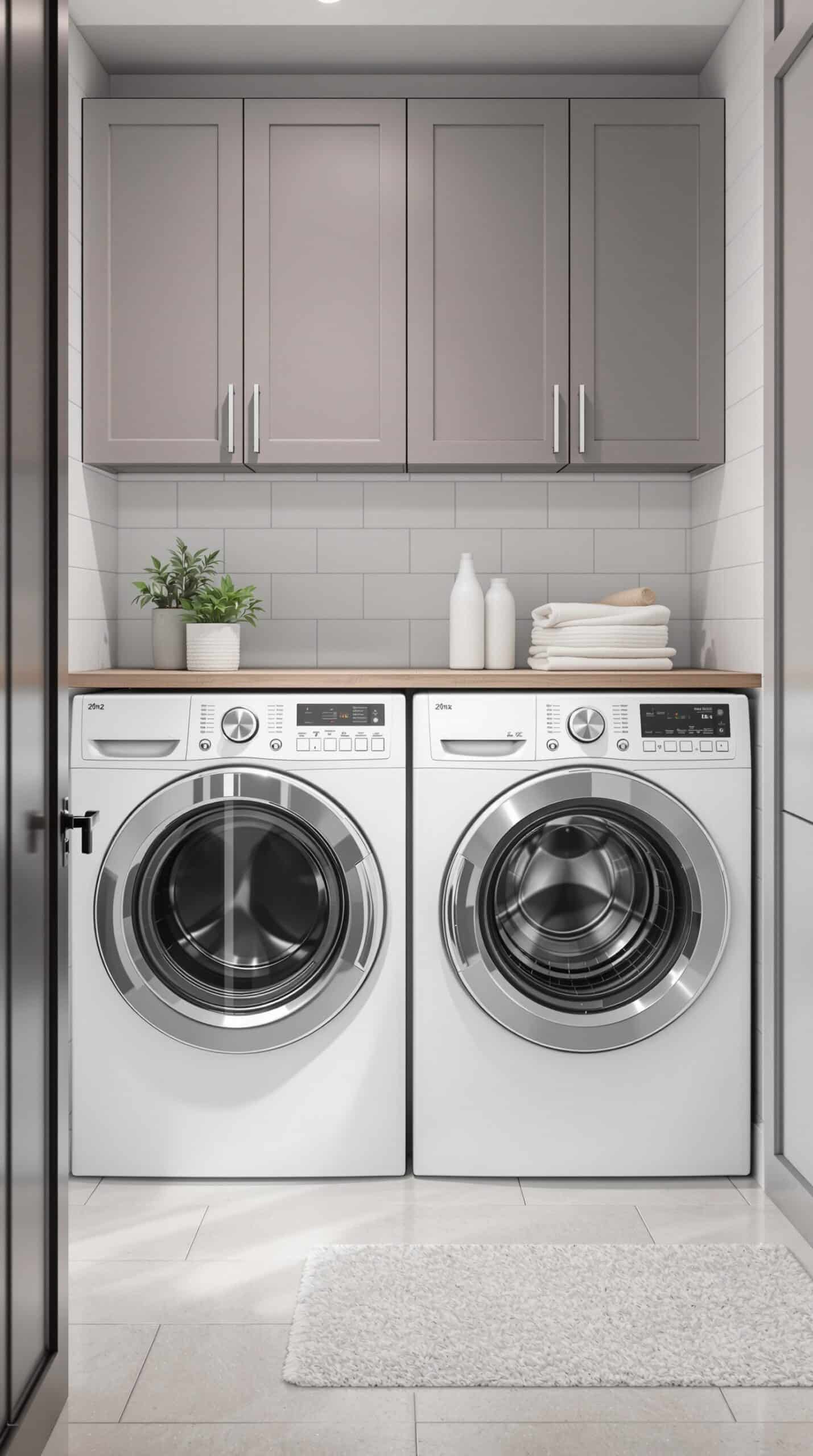 Modern laundry room with sleek white appliances and gray cabinetry