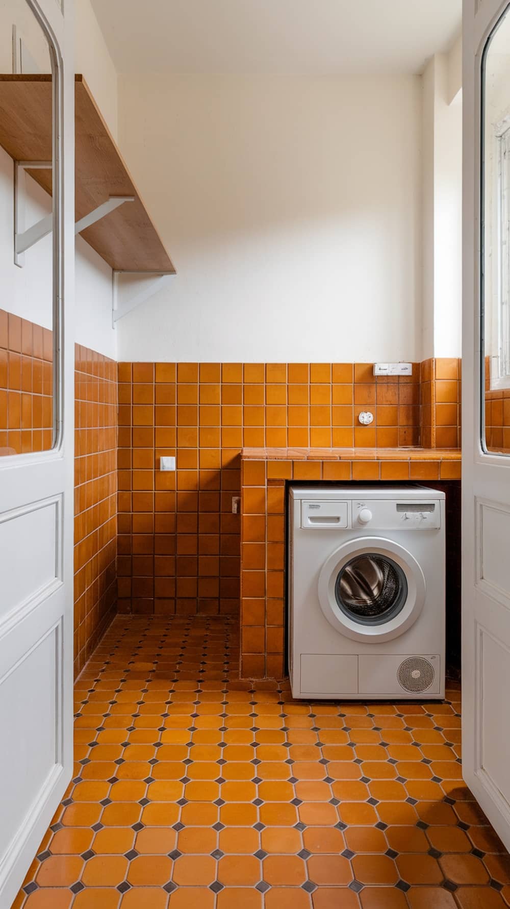 Laundry room with orange tiles on walls and floor, featuring a washing machine and wooden shelves.