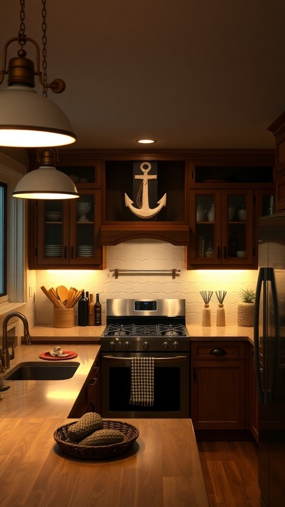 A cozy kitchen featuring nautical lighting fixtures and anchor decor