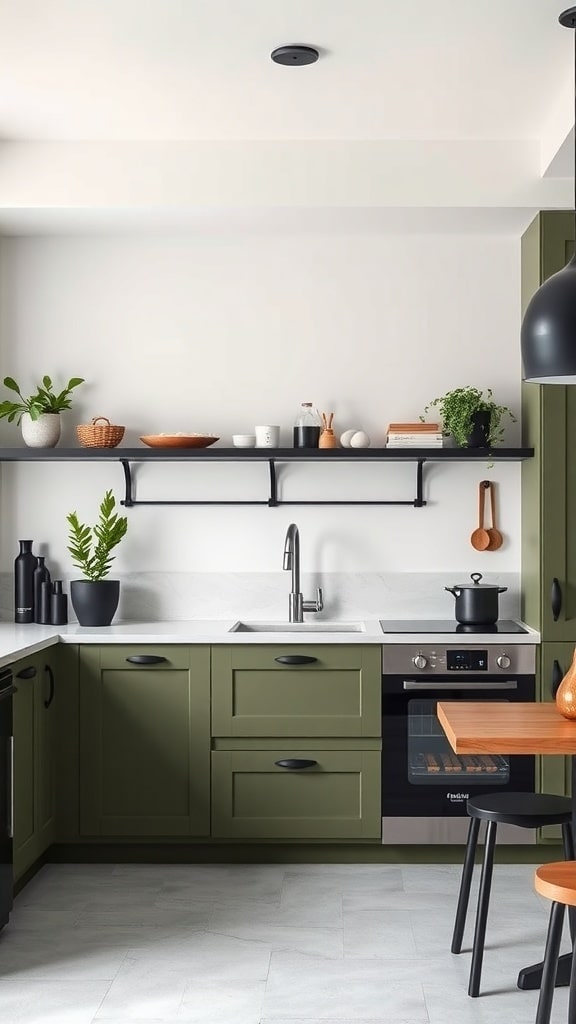 A minimalist kitchen featuring olive green cabinetry, black accents, and open shelving with plants and kitchenware.