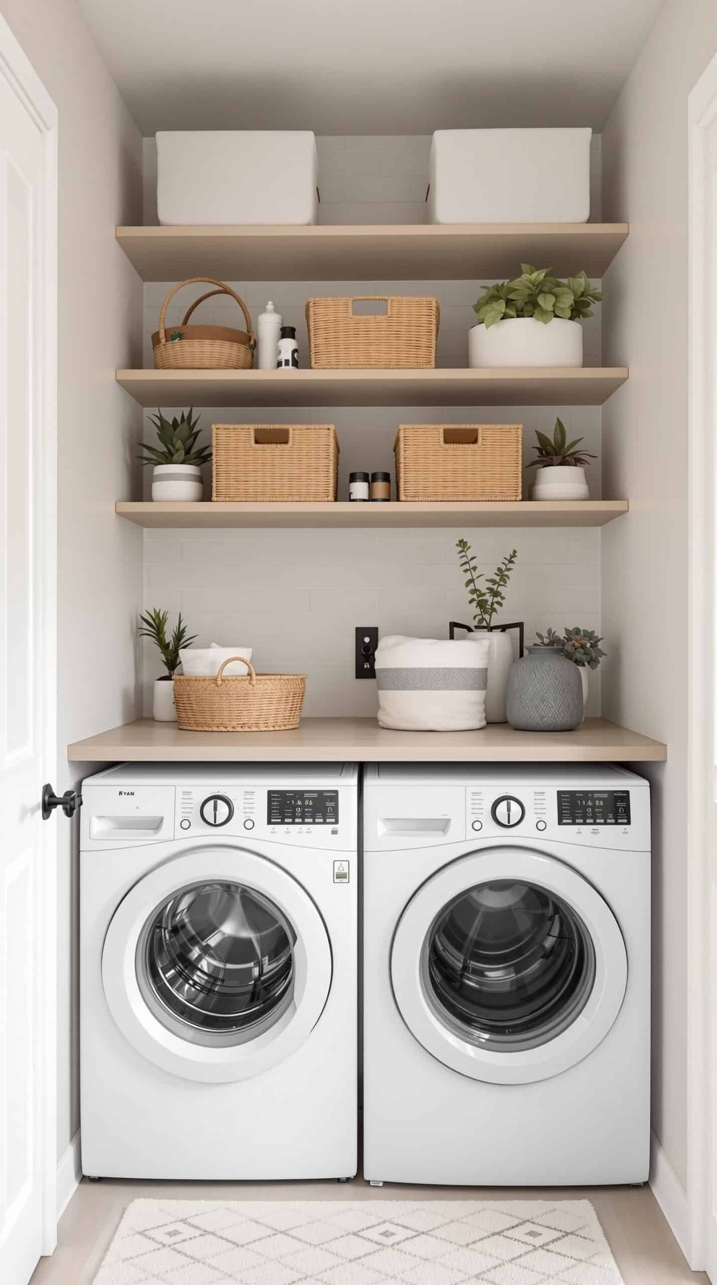 Compact laundry nook featuring white appliances, neutral tones, and organized shelves with baskets and plants.