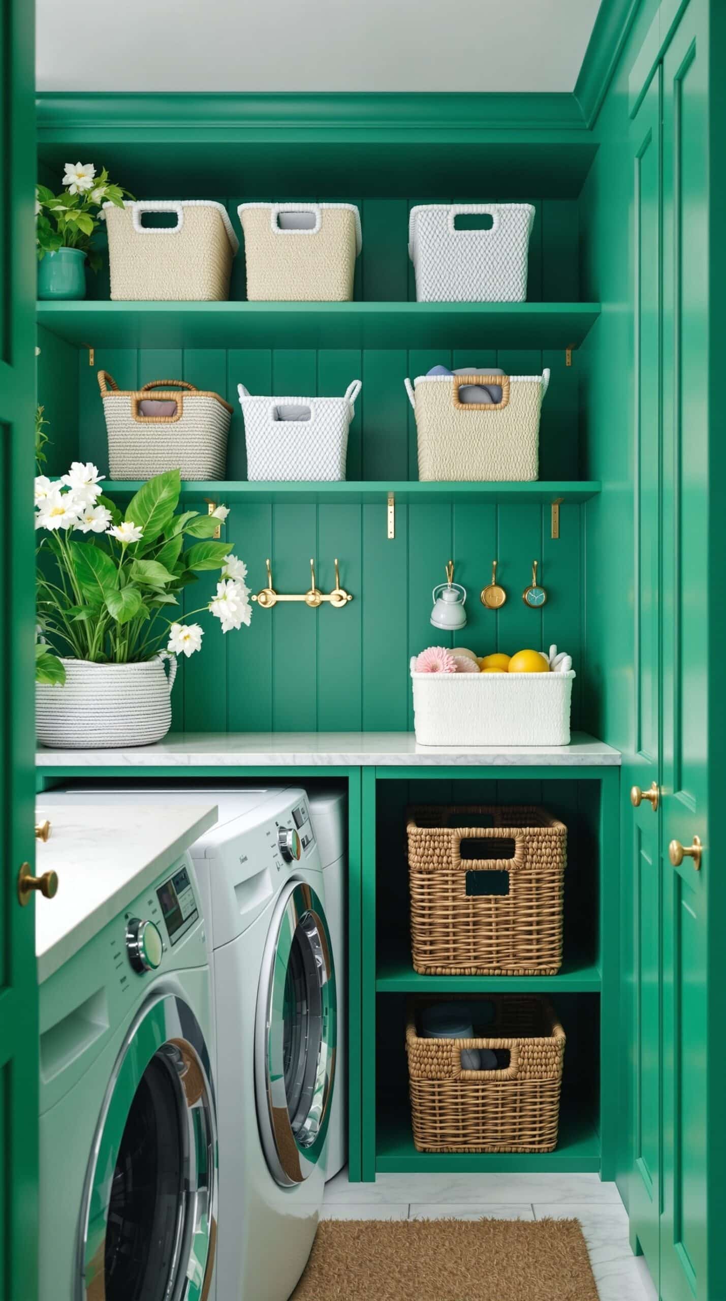 Stylish emerald green laundry room with organized storage, baskets, and plants.