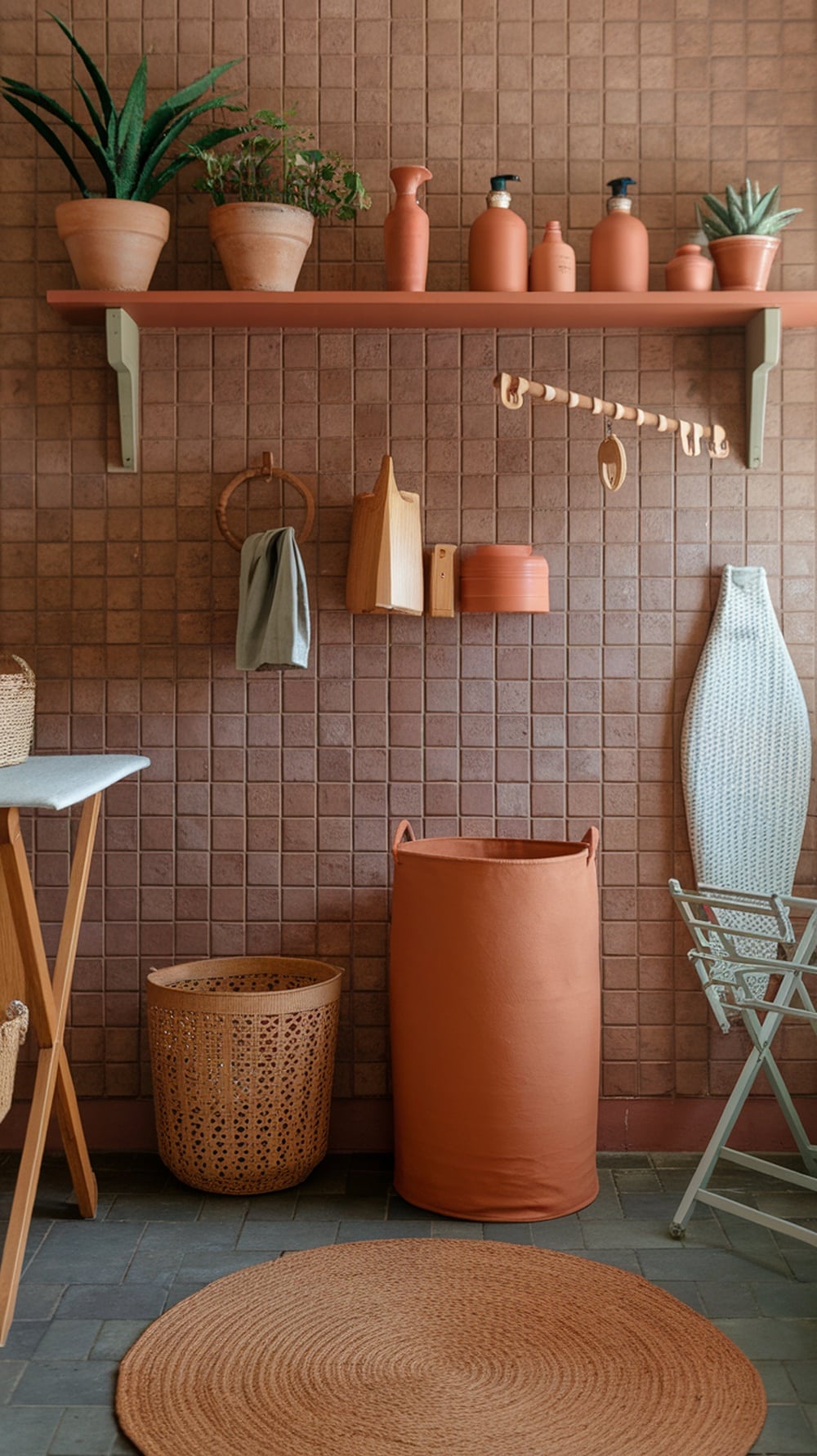 A warm terracotta-themed laundry room with plants, storage, and accessories.